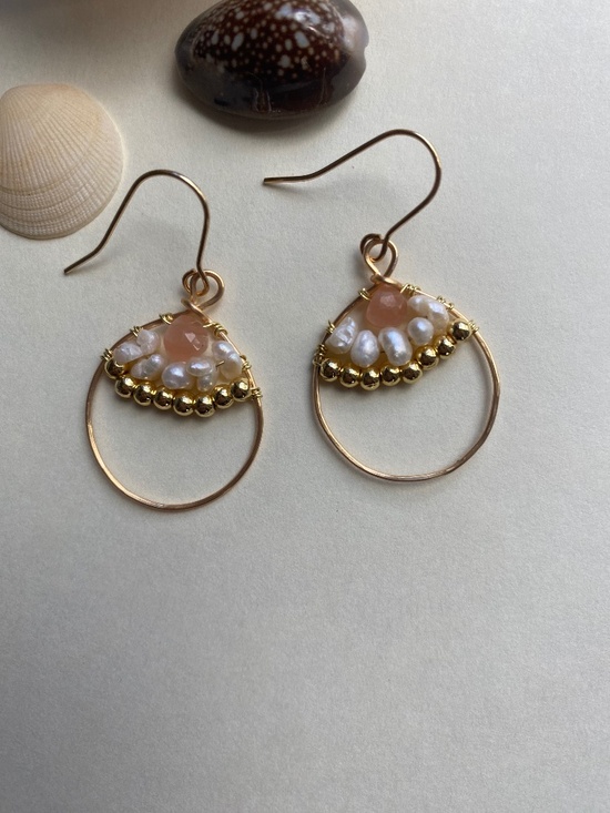 Handcrafted Jewelry - Handcrafted Hoop Earrings with Peach Moon Stone & Freshwater Pearl